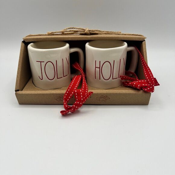 Rae Dunn Christmas Ornaments Set of 2 Mini Mug Ornaments HOLLY & JOLLY - Picture 1 of 6